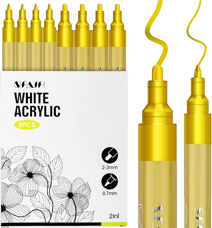 SFAIH Acrylic Gold Paint Pens - 8 Pack 2-3MM Medium Tip & 0.7MM Extra Fine Gold Markers Permanent for Rock, Wood, Metal, Fabric, Plastic, Glass, Ceramic, Diy Crafts, Large Ink Capacity, High Coverage