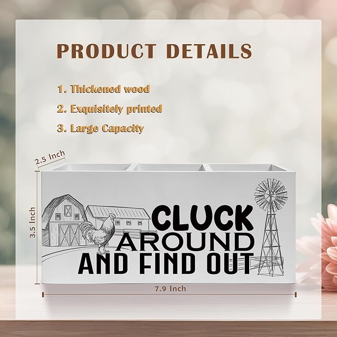 Funny Chicken Pencil Pen Holder for Desk, Chicken Lover Farmer Gifts, Farmhouse Rustic Rooster Hen Wooden Desk Sign, Farm Animal Decor Pencil Organizer for Home Office Accessories