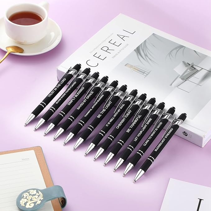 Zonon 12 Pcs Inspirational Pens Bulk Funny Ballpoint Pen with Stylus Tip Motivational Gifts for Christmas Teacher Coworkers Nurse School Office Supplies(Black,Bible Style)