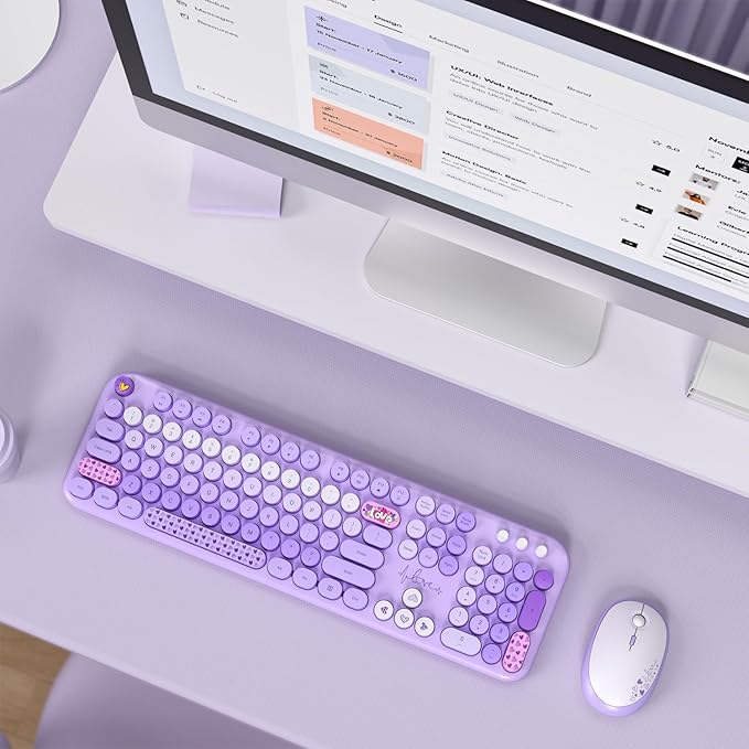 MOFII Wireless Keyboard and Mouse Combo, Full Size 2.4G Plug and Play Typewriter Retro Round Computer Keyboard and Mouse Set for Windows, Computer, Desktop, PC, Notebook - (Purple Colorful)