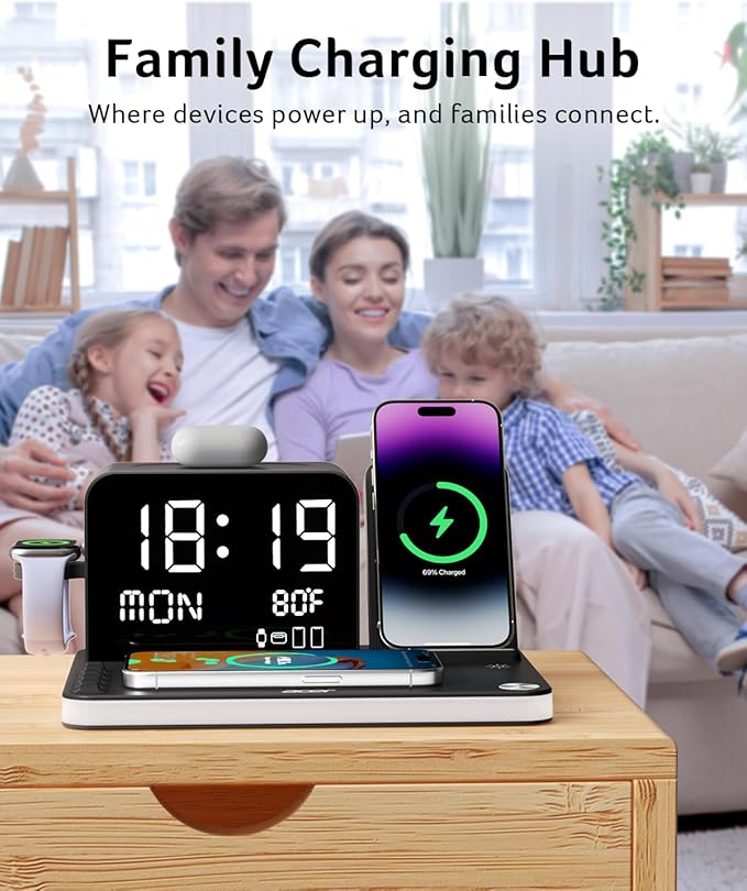 acer 7-in-1 Wireless Charging Station: Charger Stand for Multiple Devices for Apple - iPhone 16 15 14 13 12 Pro Max Apple Watch Airpods, Wireless Charger iPhone Charging Station with Bluetooth TimeSyn