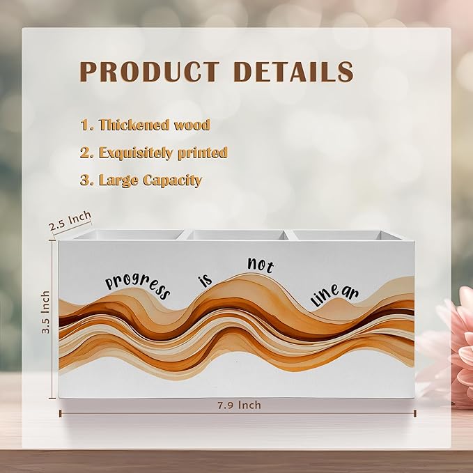 Inspirational Mental Health Pencil Pen Holder for Desk, Progress Is Not Linear Wooden Pencil Holder Organizer for Therapy Office Desk Accessories, School Counselor Office Must Haves