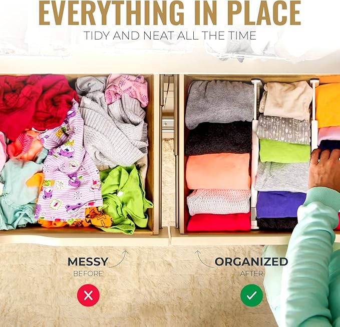 RAPTUROUS Adjustable Deep Drawer Divider – 6" Tall, Expandable 13-22", 4-Pack, Non-Slip Drawer Dividers for Clothes, Dresser, Kitchen & Office Organization (White)