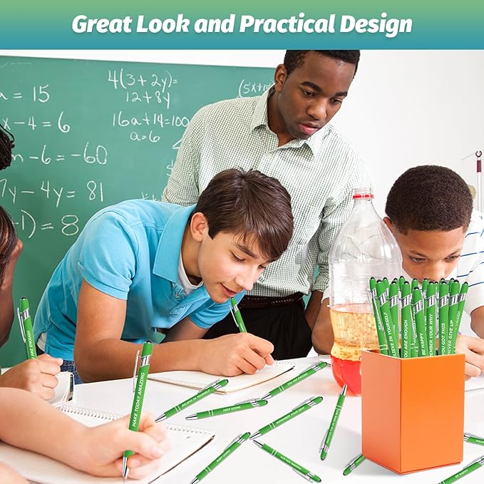 40 Piece Inspirational Pens Kit with Stylus Tip & Sayings – 20 Motivational Pen + 20 Individual Bags – Uplifting Quote & Positive Ideas – For Teachers, Office, School, Meetings, Team (Christmas Green)