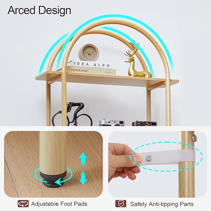 71" Tall Fluted Arched Bookshelf with Doors, Mid Century Modern Metal Bookcase Cabinet with Storage, 4-Tier Industrial Organizer Rack Storage Shelves for Home Office, Living Room (Natural)