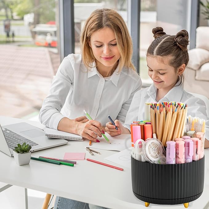 Camelmother Pen Holder For Desk With 5 Slots 360°Rotating Pencil Holder Makeup Organiezr Teacher Supplies Office decor (black)