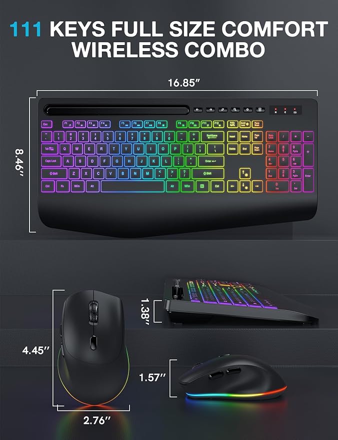 Wireless Keyboard and Mouse Combo - 9 Backlit Effects, RGB, Ergonomic Wrist Rest, Phone Holder, 2.4G Full Size, Rechargeable, Sleep Mode, Quiet Keyboard Set for Computer, PC, Laptop, Mac, Windows