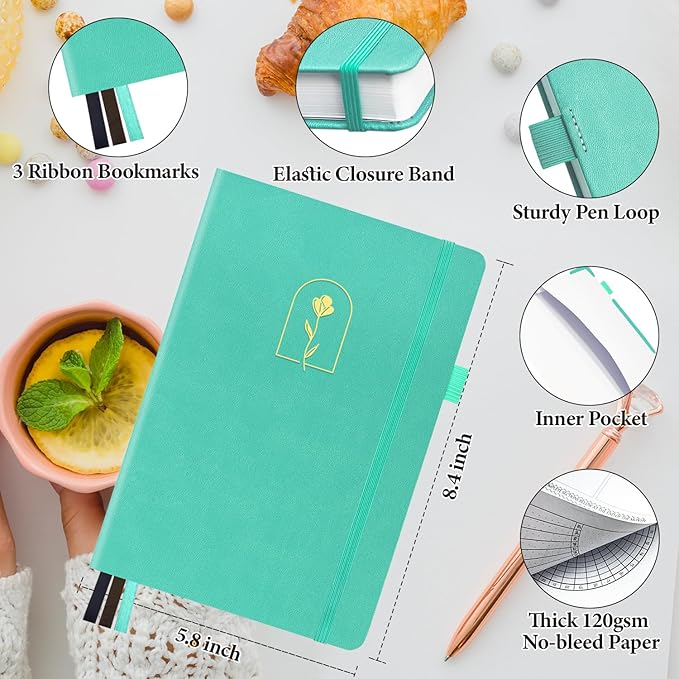 Premade Bullet Style Notebook with Undated Weekly & Monthly Planner, Dotted Journal with Pre-made Bullet Planner Stencils, Dot Grid Journaling with Habits & Mood Tracker, 12 Month Organization, A5