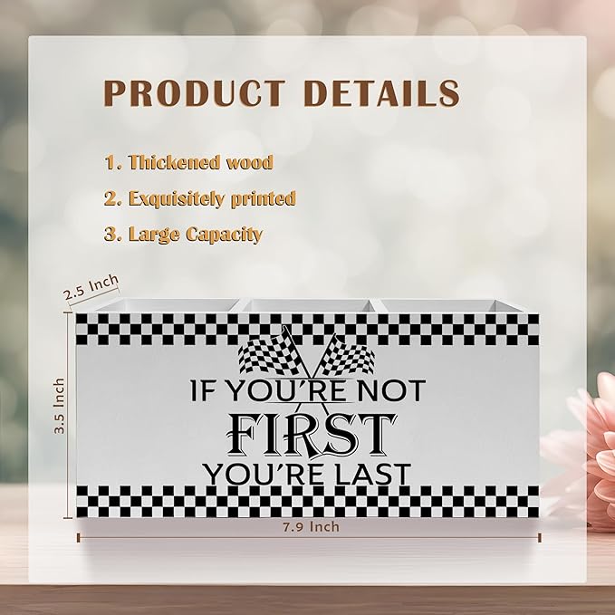 Racing Checkered Inspirational Pencil Pen Holder for Desk, If You're Not First You're Last Wooden Pencil Holder Organizer for Home Office Desk Accessories, Motivational Gifts for Men