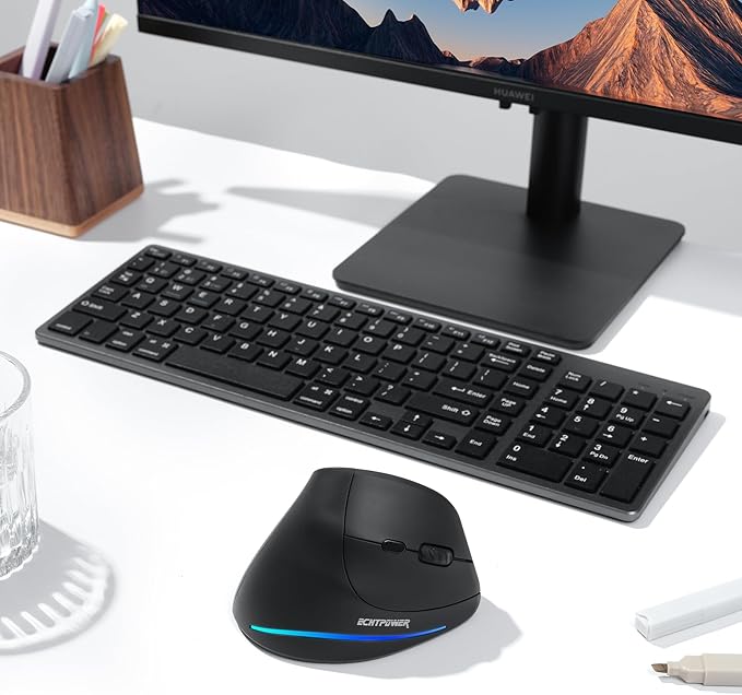 ECHTPower Ergonomic Wireless Mouse, Bluetooth Vertical Mouse with LED Light, Control Up to 3 Devices (BT5.0+BT5.0+2.4GHz), Adjustable DPI 2400/1600/1000, for PC, Laptop, Mac, Windows