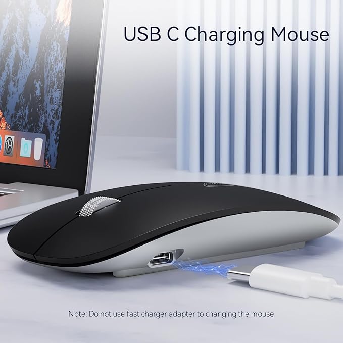 Uiosmuph G11 Wireless Mouse, USB C Rechargeable Computer Mouse, Slim Silent Mice 2.4GHz Optical with USB Nano Receiver and Type C Receiver for Laptop/Mac/PC-Matte Black