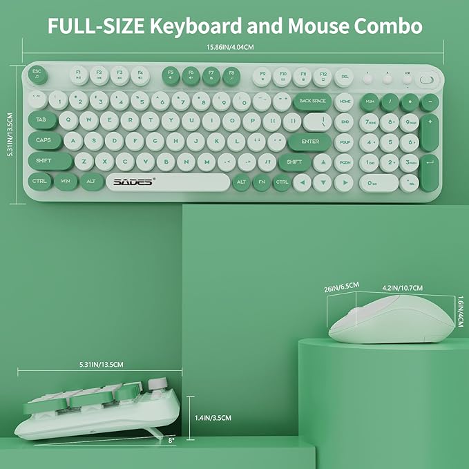Wireless Keyboard and Mouse,Cute Retro Typewriter Computer Keyboard and Mouse Sets,Full Size 2.4G Cordless Colorful Round Keycaps Keyboard with Silent Mouse for PC Windows Laptop Office-Multi Green