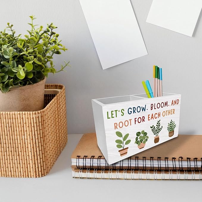 Boho Classroom Decor, Let's Root for Each Other Inspirational Pen Holder for Desk, Positive Botanical Wooden Box Sign Desk Decor for Office Home Decoration, Motivational Pencil Organizer