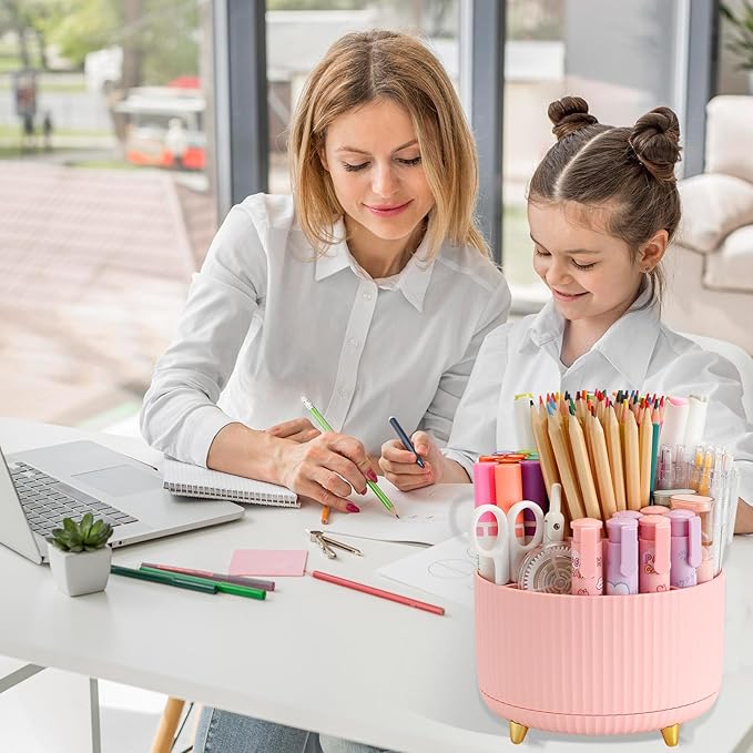 Camelmother Pen Holder For Desk With 5 Slots 360°Rotating Pencil Holder Makeup Organiezr Teacher Supplies Office decor (pink)
