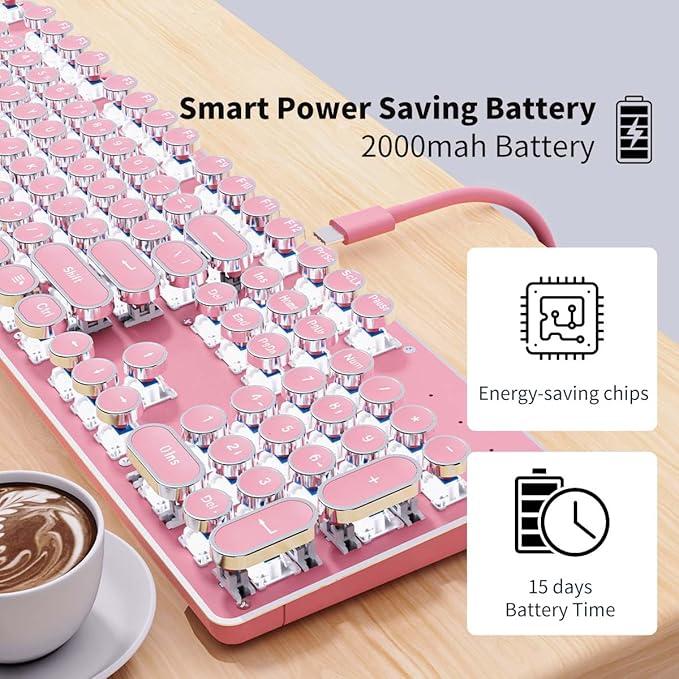 TK950 Wireless Typewriter Keyboard and Mouse Combo, 104 Keys Retro Typewriter Mechanical Keyboard with White Backlit, Anti-Ghosting, Blue Switch, Bluetooth/2.4G/Wired Cute Gaming Keyboards-Pink