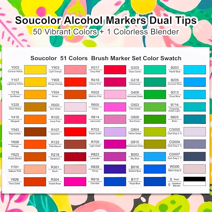 Soucolor 51 Colors Alcohol Markers Brush Tip, Dual Tip Brush Art Markers, 50 Colors+1 Blender, Art Supplies for Kids Artists Adults Coloring Books Drawing Sketching Painting, Birthday Christmas Gift