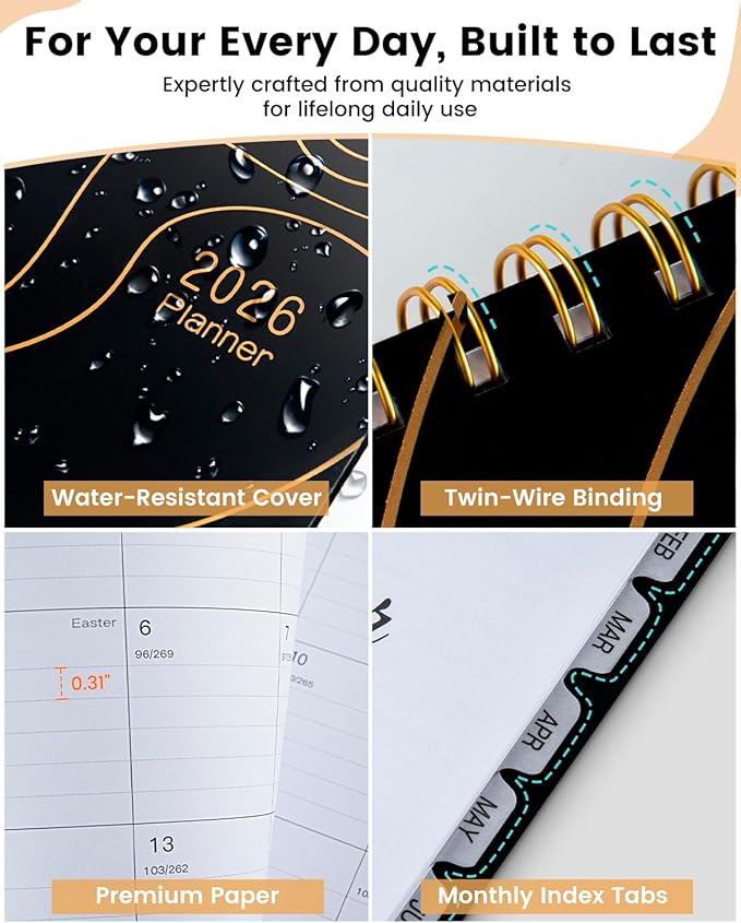 2026 Planner Weekly and Monthly 8.8"x11.5", Large Spiral Notebook with Jan.2026-Dec.2026 Calendar, Water Resistant Cover, Monthly Tabs, Daily Organizer for School Office Supplies-Black/A4/100GSM/140P
