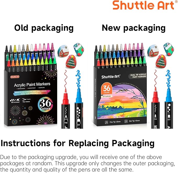 Shuttle Art 36 Colors Dual Tip Acrylic Paint Markers, Dot Tip and Fine Tip Acrylic Paint Pens for Rock Painting, Ceramic, Wood, Canvas, Plastic, Glass, Stone, Calligraphy, Card Making, DIY Crafts
