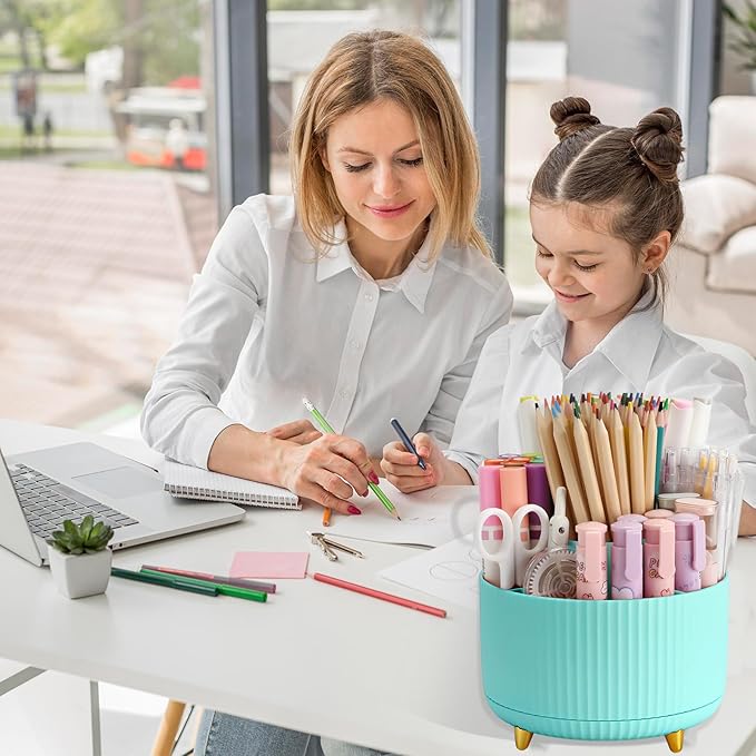 Camelmother Pen Holder For Desk With 5 Slots 360°Rotating Pencil Holder Makeup Organiezr Teacher Supplies Office decor (blue)