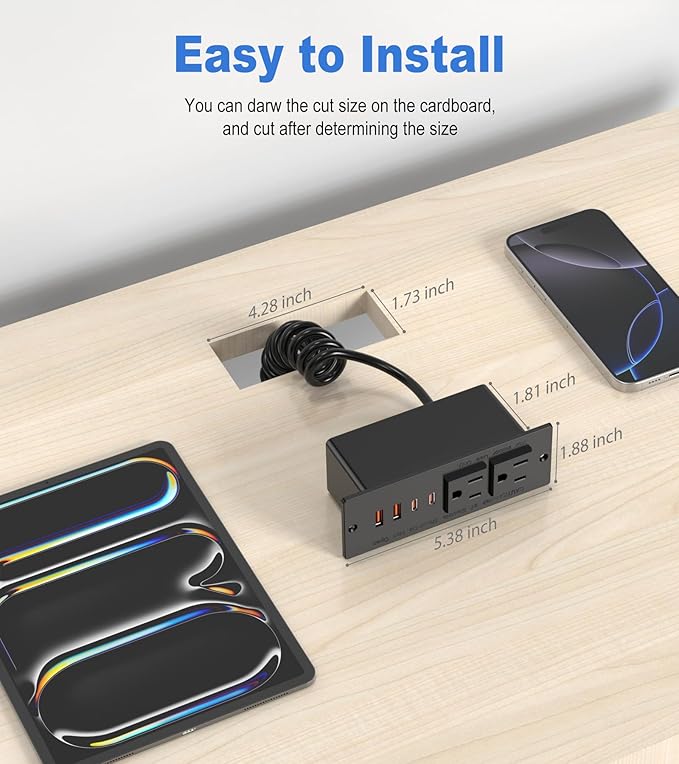 30W Drawer Outlet, Furniture Recessed Power Strip with 4 USB Ports & 2 AC Outlets, Recessed Outlet for Conference Rooms, Office Tables, Furniture, 5FT Spring Cord (ETL Listed)