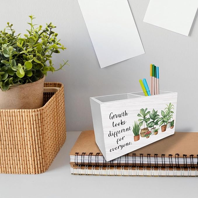 Mental Health Pen Holder for Desk, Growth Looks Different for Everyone Wooden Box Sign Desk Decor for Home Office Classroom Decoration, Botanical Inspirational Pencil Organizer