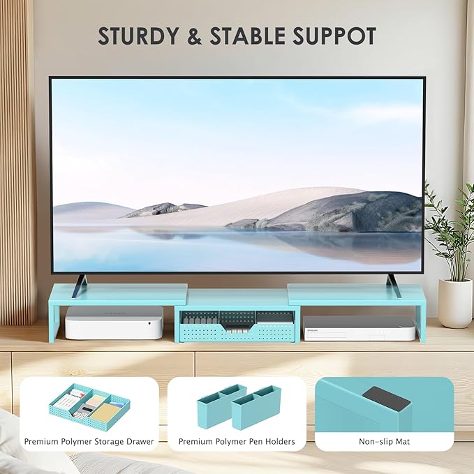 Desk Organizers and Accessories, Dual Monitor Stand Riser with Drawer and 2 Pen Holders, Desk Shelf Metal Computer Monitor Stand for Office Workspace Organizers, Desktop Organization (Blue)