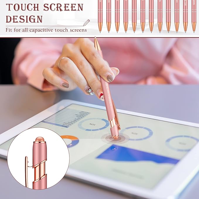 Zonon 12 Pcs Inspirational Pens Bulk Funny Ballpoint Pen with Stylus Tip Motivational Gifts for Christmas Teacher Coworkers Nurse School Office Supplies(Rose Gold,Motivational Style)