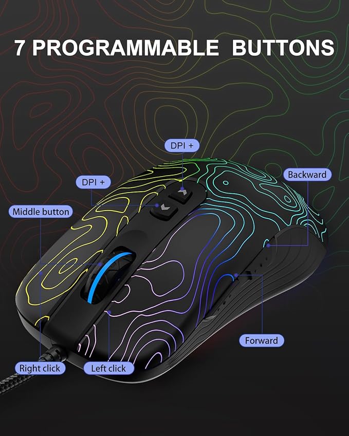 Womier G706 USB Wired Gaming Mouse for PC Computer Windows Mac Laptop, Lightweight Silent RGB Backlit Mouse with Adjustable 12000DPI/7 Programmable Side Buttons,Kanagawa Theme (Black Topographic)