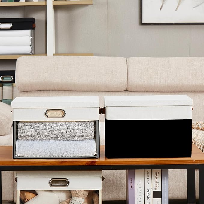 Fabric Clear Window Storage Bins with Lid, Closet Storage Box Linen Closet Baskets with 3 Handles for Organizing Clothing, Jeans, Shelves 15''- 3 Pack (Black and White)