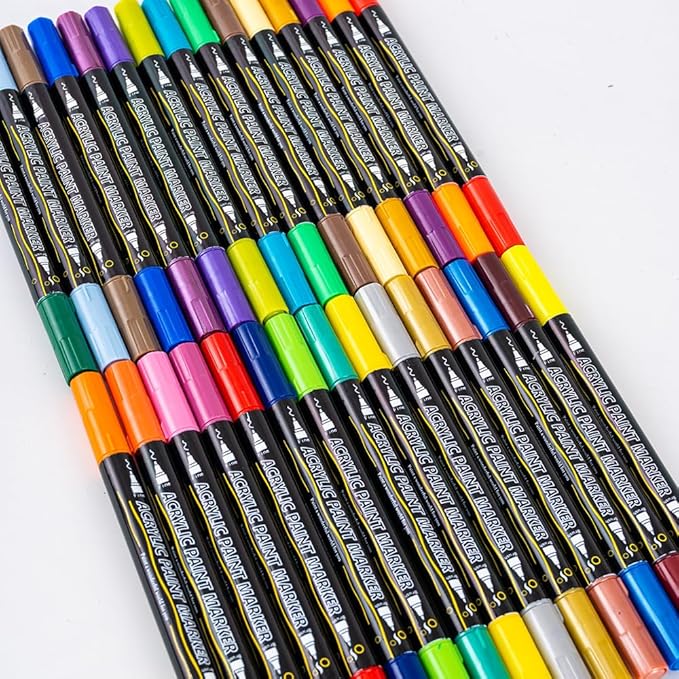 WINSONS 60 Colors Acrylic Paint Markers, Dual Tip with Fine Tip and Brush Tip Pens for Rock Painting Supplies, Canvas, Wood, Calligraphy, Metal, Ceramic, Glass, DIY Crafts Art Supplies Kit