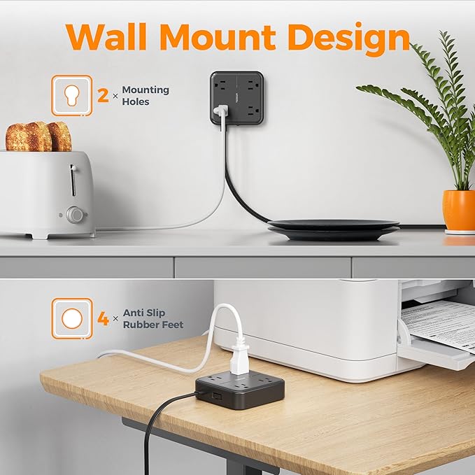 Surge Protector Flat Extension Cord 10FT, TESSAN Flat Plug Power Strip with 4 Outlets 3 USB Ports (1 USB C), 900 Joules Protection, Multiple Wall Outlet Extender Suitable for Home Office Dorm, Black