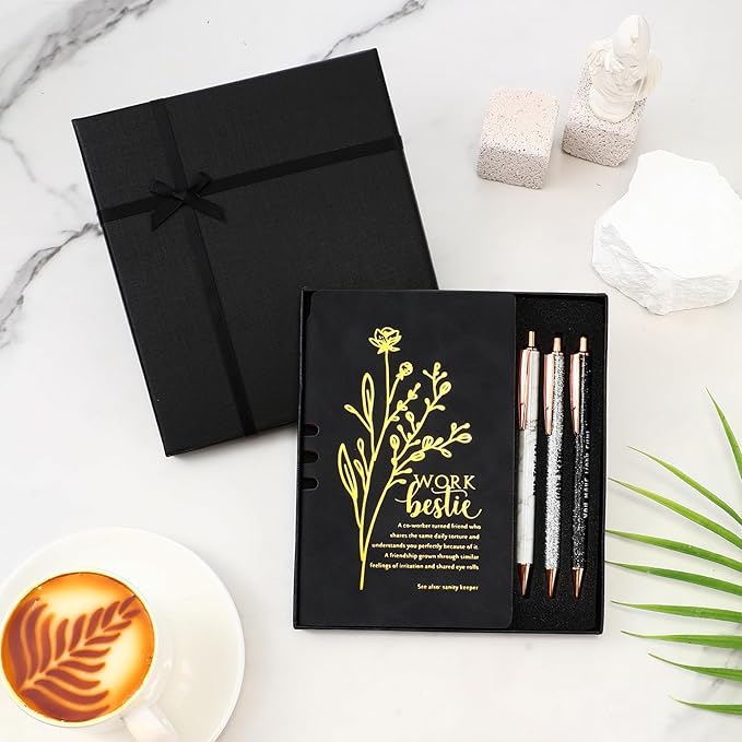 5 Pcs Work Besties Gifts for Women Set Leather Journal Ballpoint Pens with Box Thank You Appreciation Gift for Thanksgiving Christmas Birthday Work Bestie Gifts Coworker Friend (Black)