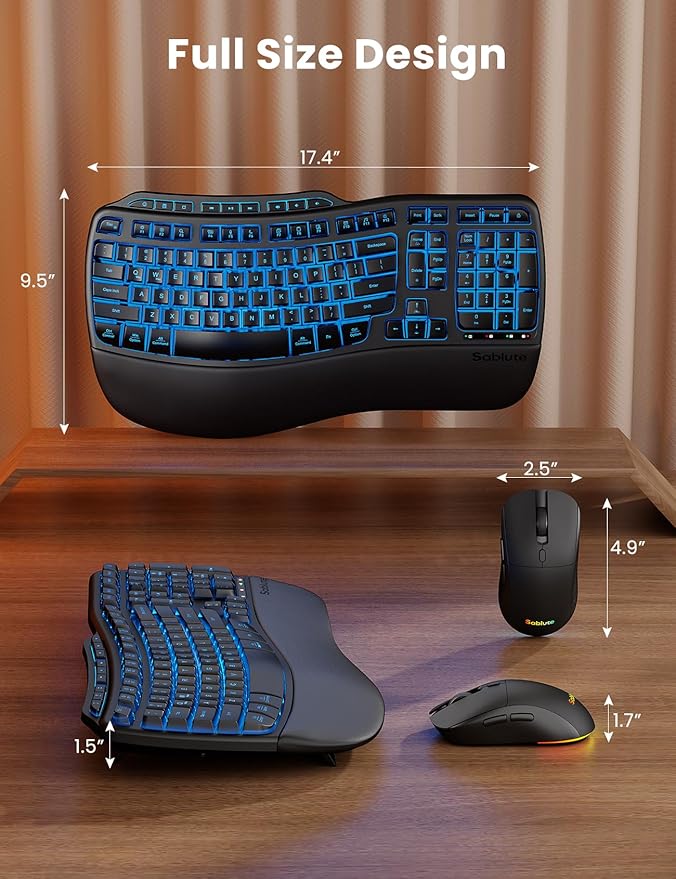 Ergonomic Wireless Keyboard and Mouse Combo, Rechargeable 4000mAh Backlit Keyboard with a Soft, Faux Lambskin Palm Rest, Wave Keys for Natural Typing, Compatible with Windows/Mac/Chromes OS—SABLUTE