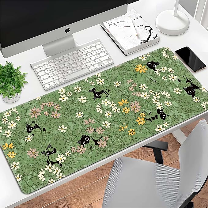 Cute Cat Mouse Pad Large Green Desk Mat Extended Keyboard Mouse Pad Kawaii Mousepad with Non-Slip Base and Stitched Edge Plant Mouse Mat Desk Pad 31.5 x 11.8 in Mouse Pads for Decor Home Office Gaming