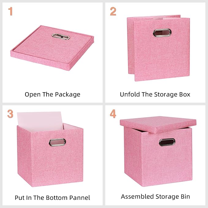 Storage Bins with Lids, Collapsible Linen Fabric Boxes Organizer Containers with Lid Foldable Storage Box Basket for Closet, Shelves, Home, Office, 11 x 11 x 11.4 Inch, 4 Pack, Pink