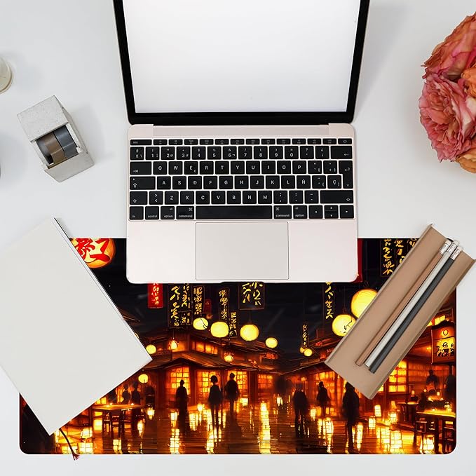 Desk Mat, City Lantern Night Scene Desk Pad, Japanese Traditional House Large Gaming Mouse Pad, 31.5"x15.7" Extended Big Keyboard Mouse Pad with Non-Slip Base and Stitched Edge