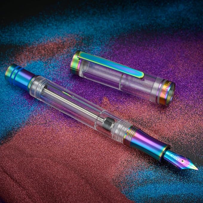 Asvine V200 Titanium Fountain Pen Vacuum Filling, Rainbow Bock Fine Nib Transparent Acrylic Smooth Writing Pen Case Set