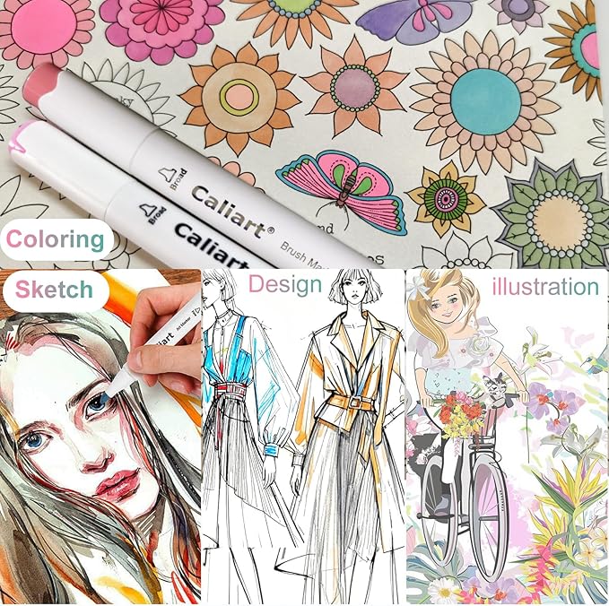 Caliart Pastel Alcohol Markers Brush Tip, 100 Colors Dual Tip Coloring Marker Pen Set Brush & Chisel, Art Supplies Kit Gift for Adults Coloring Book Artists Sketch Drawing Illustration