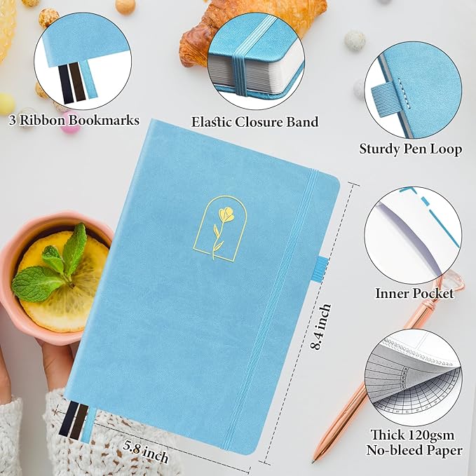 Premade Bullet Style Notebook with Undated Weekly & Monthly Planner, Dotted Journal with Pre-made Bullet Planner Stencils, Dot Grid Journaling with Habits & Mood Tracker, 12 Month Organization, A5