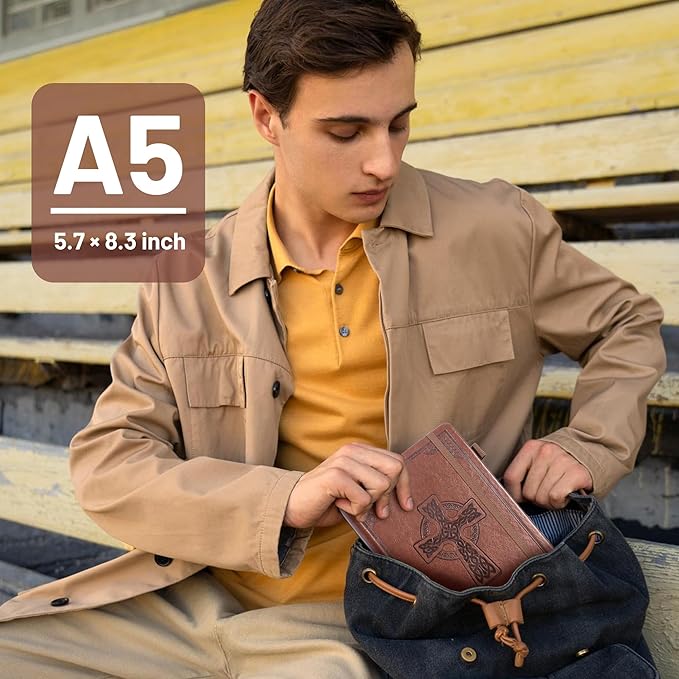 CAGIE Leather Lined Journal Notebook for Men & Women, Debossed Cross, 320 Pages 100 GSM Thick Paper, A5 Hardcover Journaling Notebooks for Writing, 5.7'' X 8.3'' Diary, Brown