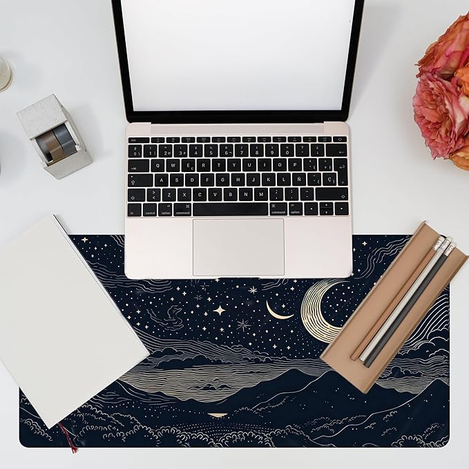 Desk Pad, Beautiful Night Sky Desk Mat, Line Stars and Moon Large Gaming Mouse Pad for Desk, 31.5"x15.7" Extended Big Computer Keyboard Mouse Pad with Non-Slip Base and Stitched Edge