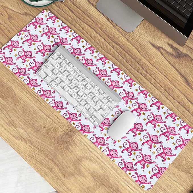 Cute Pink Monkey Mouse Pad,Pink Monkeys Decor for Girly Room Desk Mouse Pad,Preppy Girly Large Desk Mat for Dorm Home Office,Teen Girl Monkey Gifts,31.5x11.8 Inch