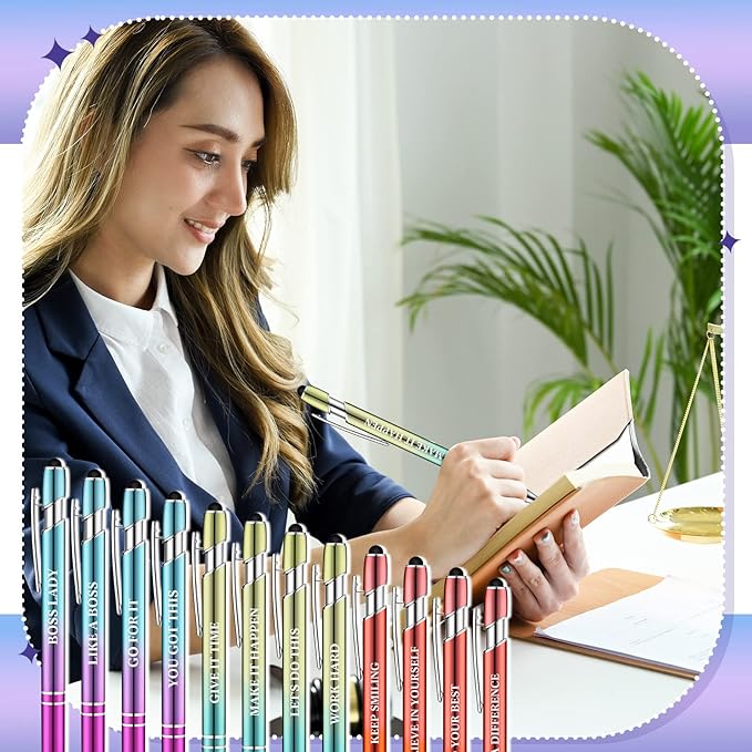 Zonon 12 Pcs Inspirational Pens Bulk Funny Ballpoint Pen with Stylus Tip Motivational Gifts for Christmas Teacher Coworkers Nurse School Office Supplies(Plating Color,Motivational Style)