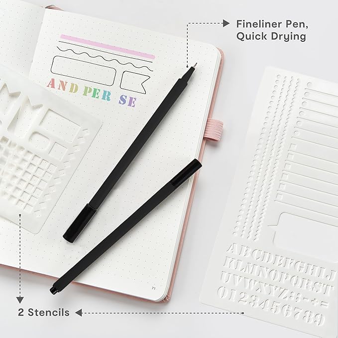 &And Per Se Dotted Journal Notebook Set (3 Packs), A5 Hardcover Dotted Notebook, 176 Numbered Pages Bullet Journaling Kit, 2 Stencil Sheets and 1 Fineliner Pen Included - 5.7'' x 8'' (Green)