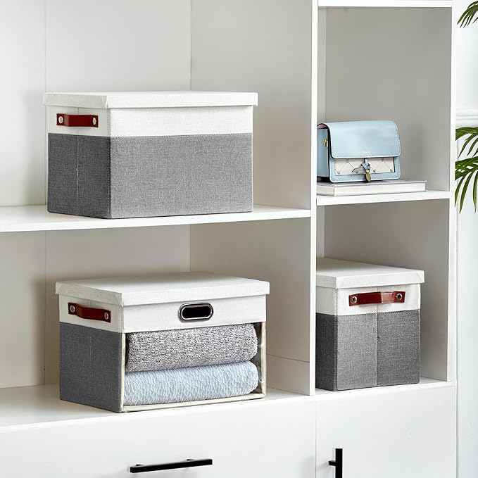 Fabric Clear Window Storage Bins with Lid, Closet Storage Box Linen Closet Baskets with 3 Handles for Organizing Clothing, Jeans, Shelves 15''- 3 Pack (Gray and White)