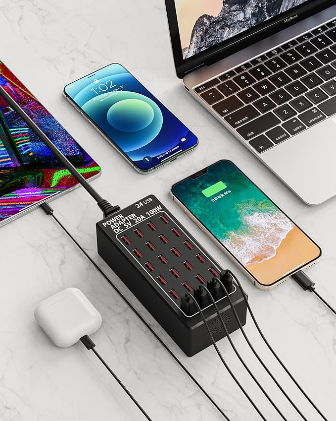 24-Port 100 watt (20 A) USB Charging Station, Travel Desktop USB Rapid Charger, Multi Ports Fast Charger Station Organizer Compatible with Smartphones, Tables, and More Devices