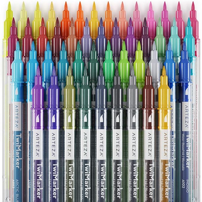 ARTEZA Dual Tip Brush Markers – Set of 48 Pens with Fine and Brush Tips, Water-Based Ink for Coloring, Sketching, Lettering & Journaling