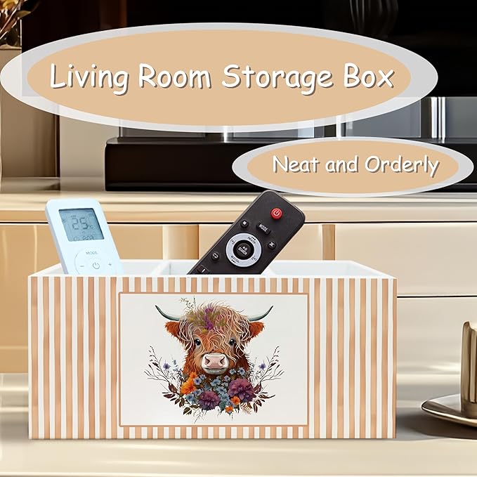 Floral Highland Cow Pen Pencil Holder Organizer for Desk, Highland Cow Lover Gifts, Farmhouse Farm Animal Heifer Wooden Box Block Sign for Home Classroom Dorm Office Tabletop Decor