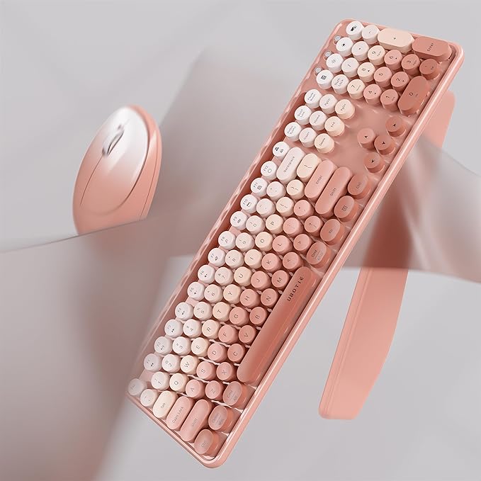 UBOTIE Wireless Keyboard and Mouse Combo with Phone Holder and Wrist Rest, Round Colorful Keys, Power Switches, 2.4GHz USB Receiver, Full-Size QWERTY Layout for PC Laptop(Peach