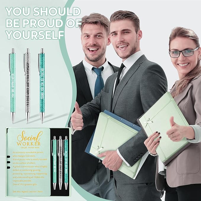 5 Pcs Employee Appreciation Gift Leather Journal Notebook 3 Ballpoint Pens with Box Thank You for Boss Emergency Nurses Medical Assistant Lady Coworker Teacher Social Worker(Green)